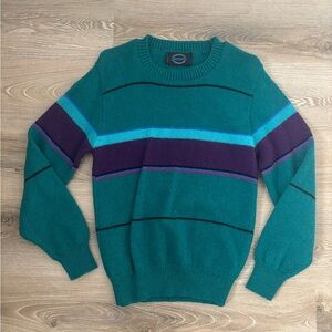 VINTAGE 80s Jantzen Teal Blue Purple Multicolor Colorblock Striped Sweater